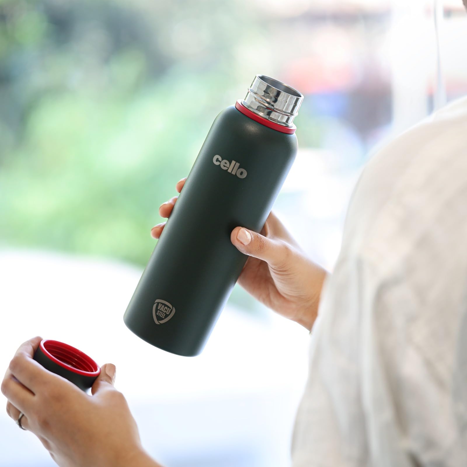 Cello Duro Kent Thermosteel Flask with DTP Coating, 900ml, Military Green | 24 Hours Hot and Cold Stainless Steel Bottle | Flask